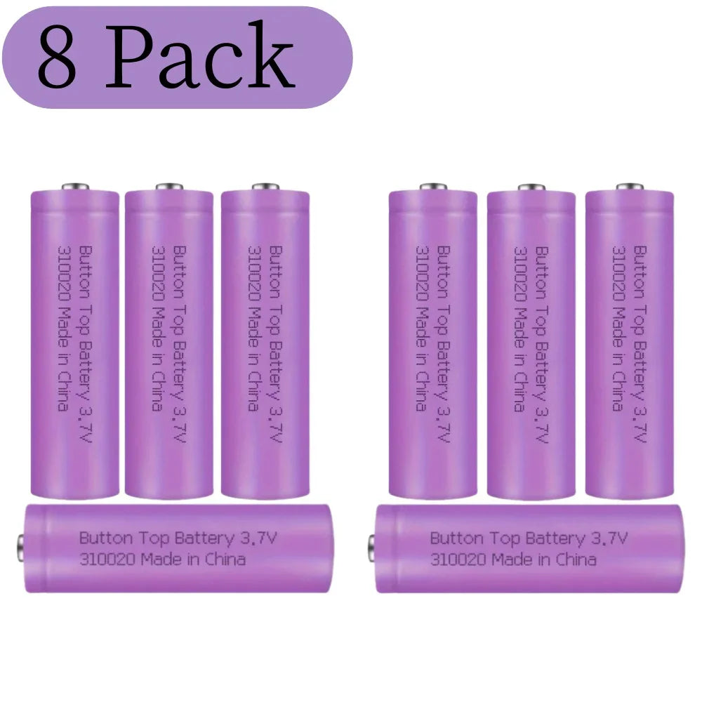 Eight purple button top rechargeable 3.7V batteries displayed together.