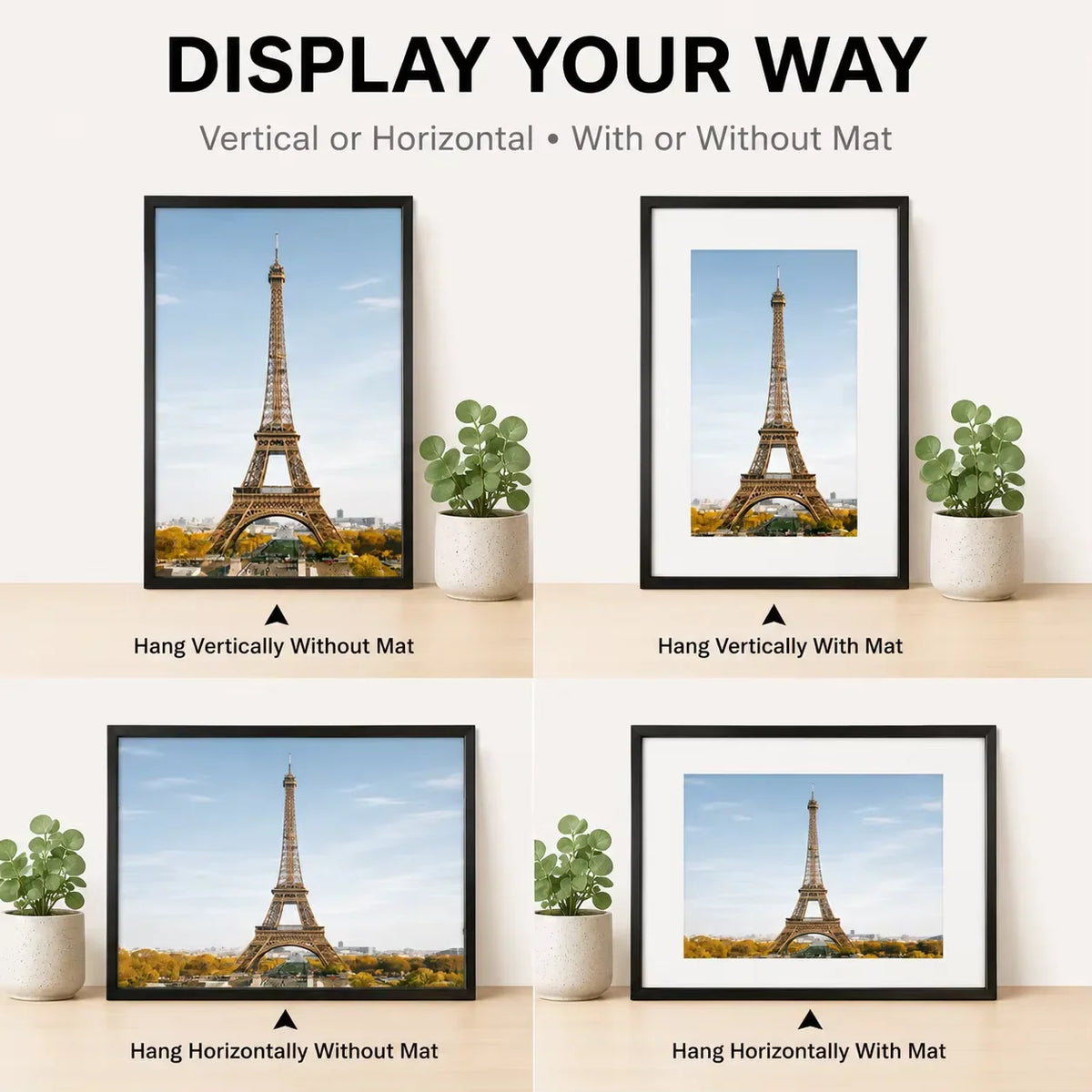 A display guide for black picture frames showing vertical and horizontal orientations with and without mats.