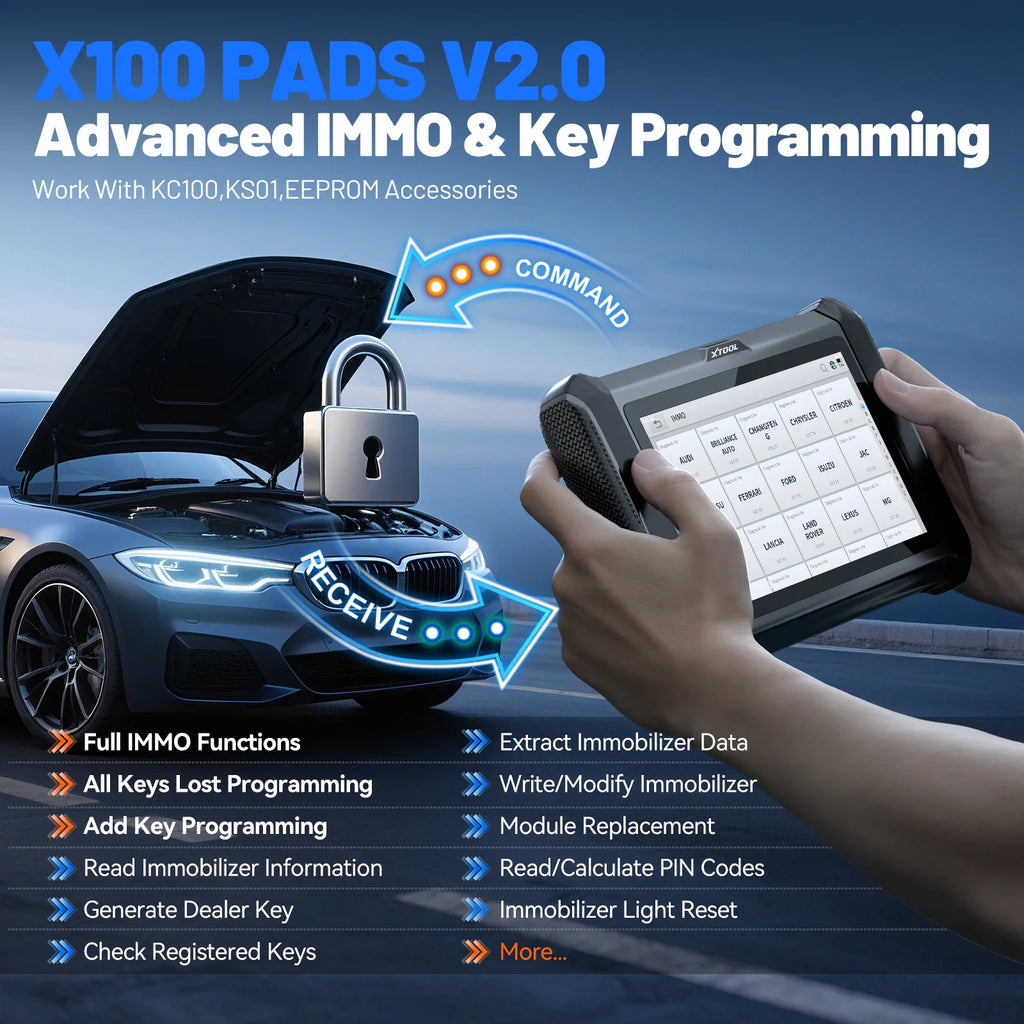Hands holding an automotive key programming tablet with car ignition illustration