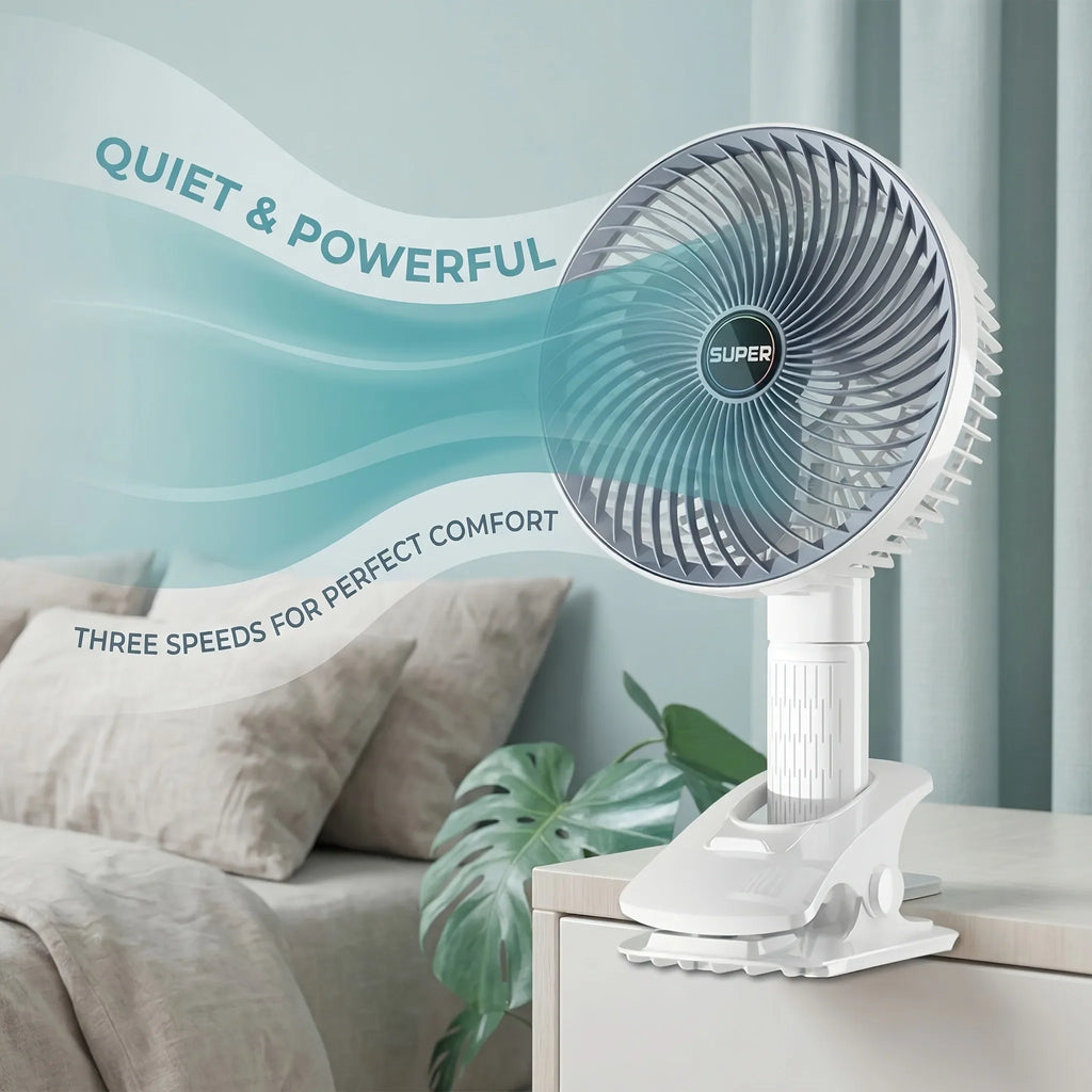 Small portable white desk fan with purple blades, showing powerful airflow effect