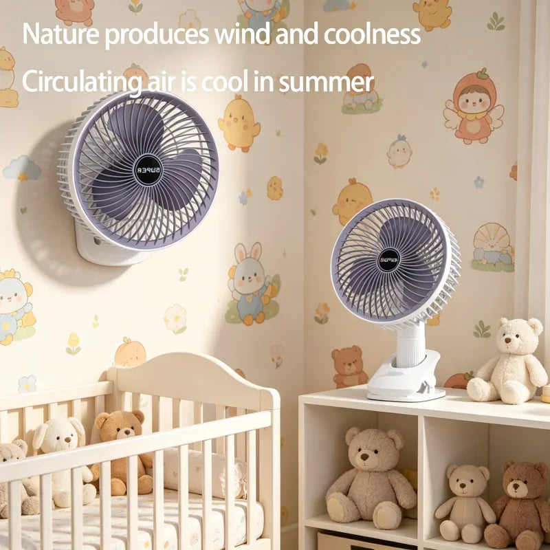 Small portable white desk fan with purple blades and a sturdy clamp base in a nursery room