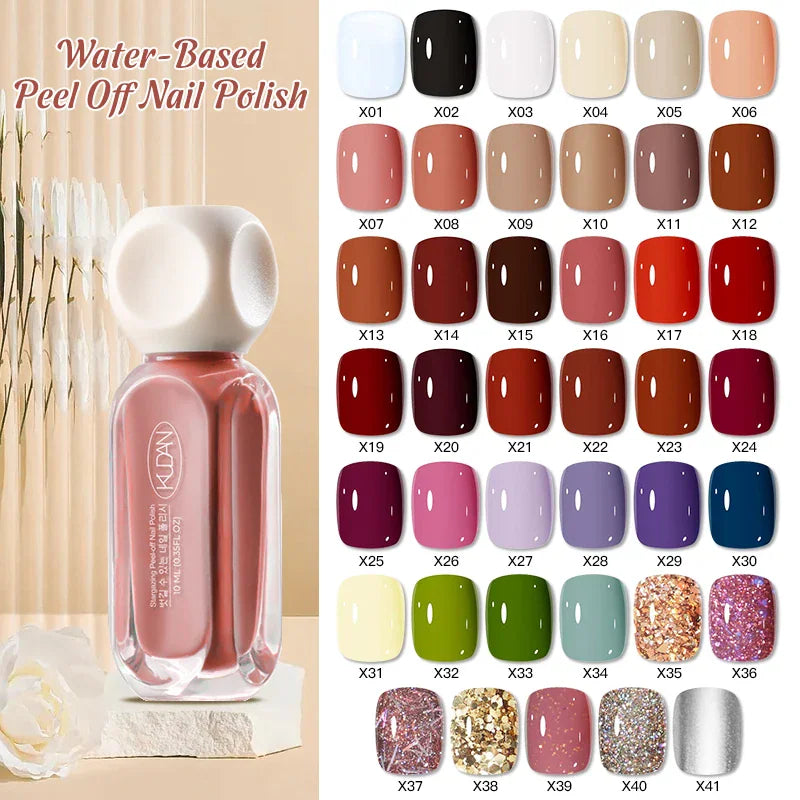 A collection of 41 water-based peel-off nail polish color swatches with labels X01 to X41.