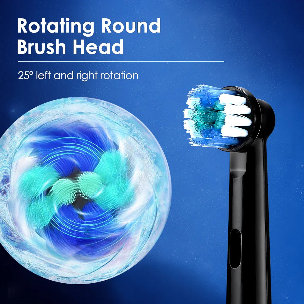 Close-up of a rotating electric toothbrush head showing 25 degree oscillation
