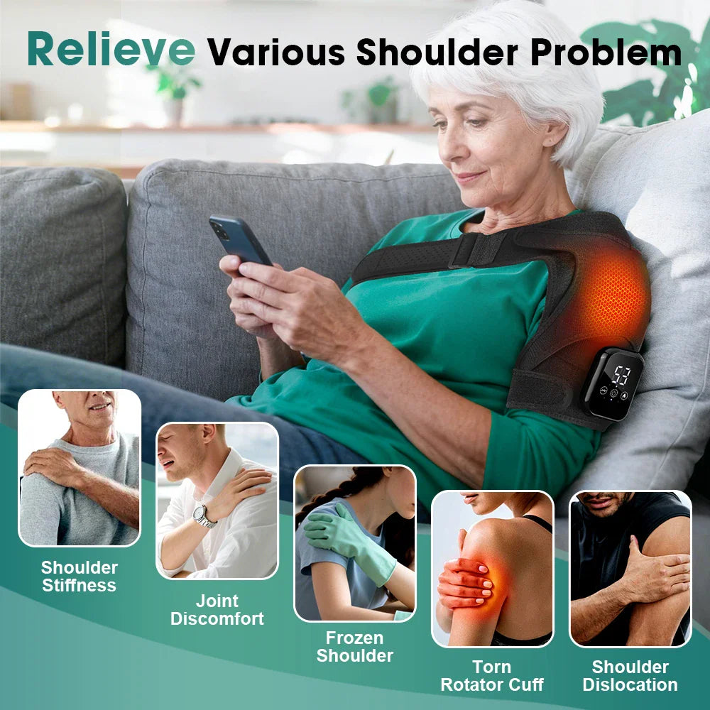 Woman wearing heating shoulder massager brace for various shoulder pain conditions
