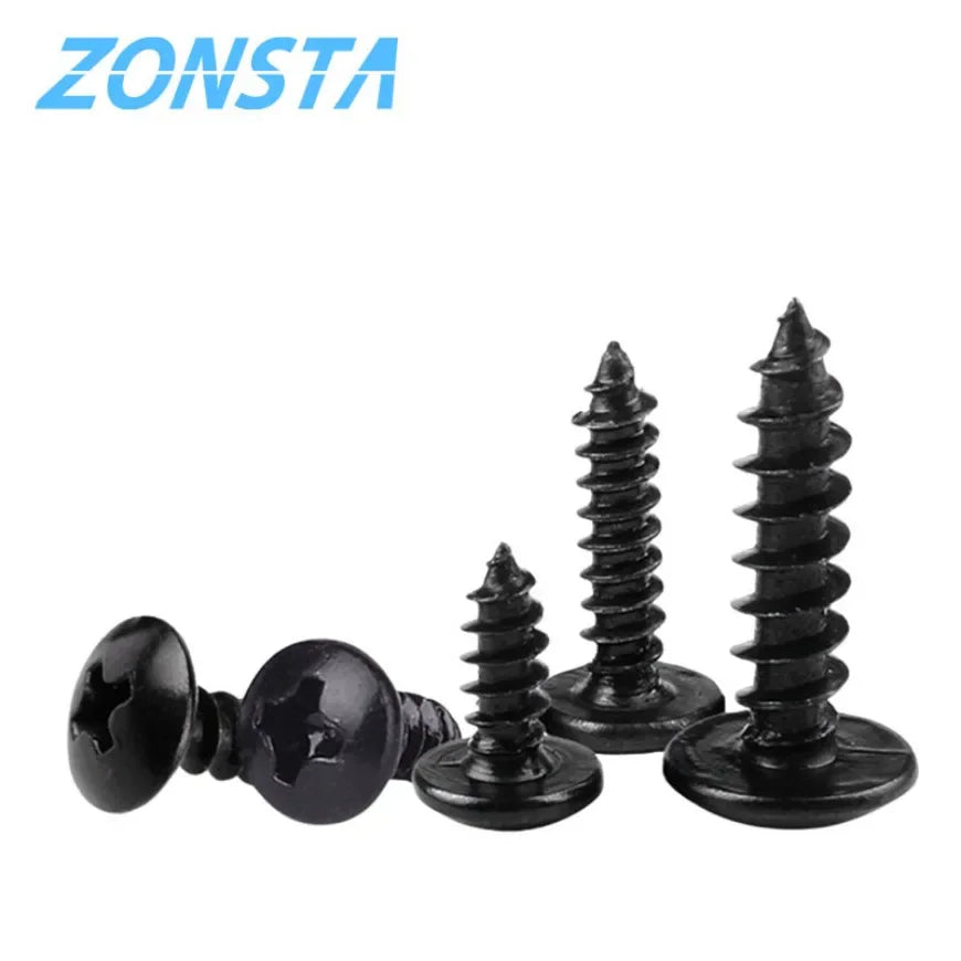 Black carbon steel cross recessed mushroom head self-tapping screws