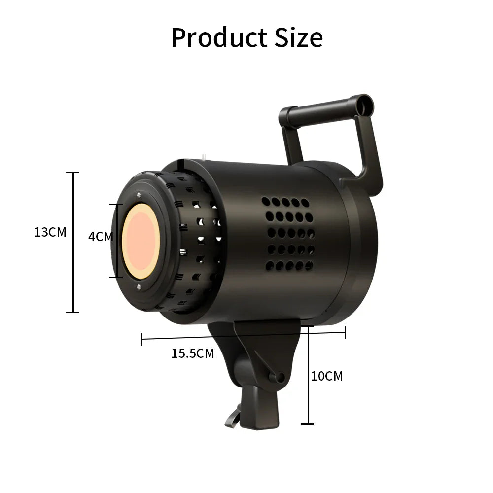 Studio photography LED light head with dimension annotations indicating width and length
