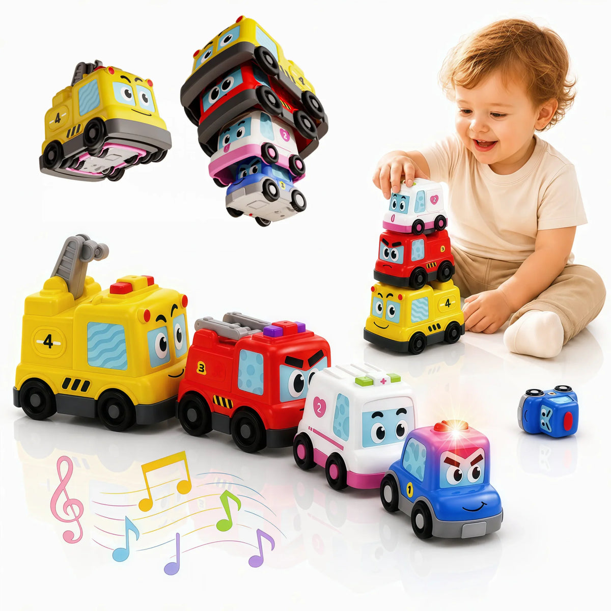 Set of 4-in-1 Montessori plastic toy cars for toddlers including magnetic and stacking pieces