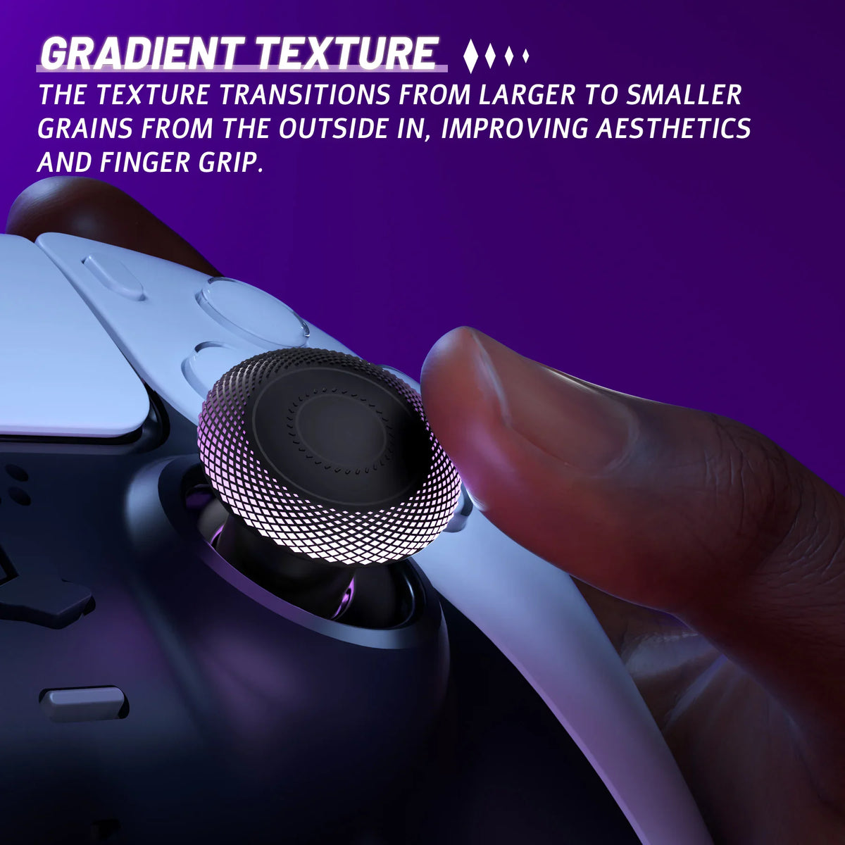 Close up of a textured thumbstick cap on a game controller