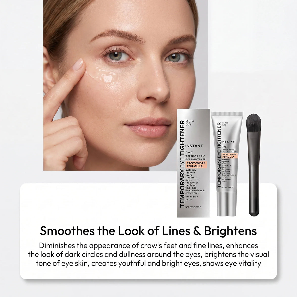 Model applying temporary eye tightening cream under eye with product tube and brush