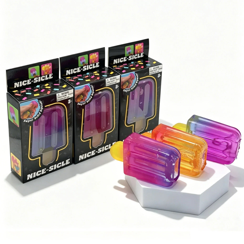 Gradient popsicle squishy toys in various colors displayed with packaging boxes on a white base