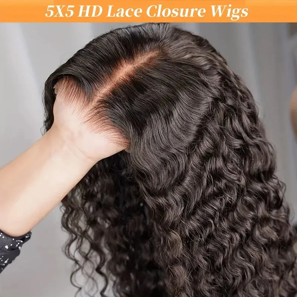 Long Brazilian deep wave human hair wig with glueless lace closure