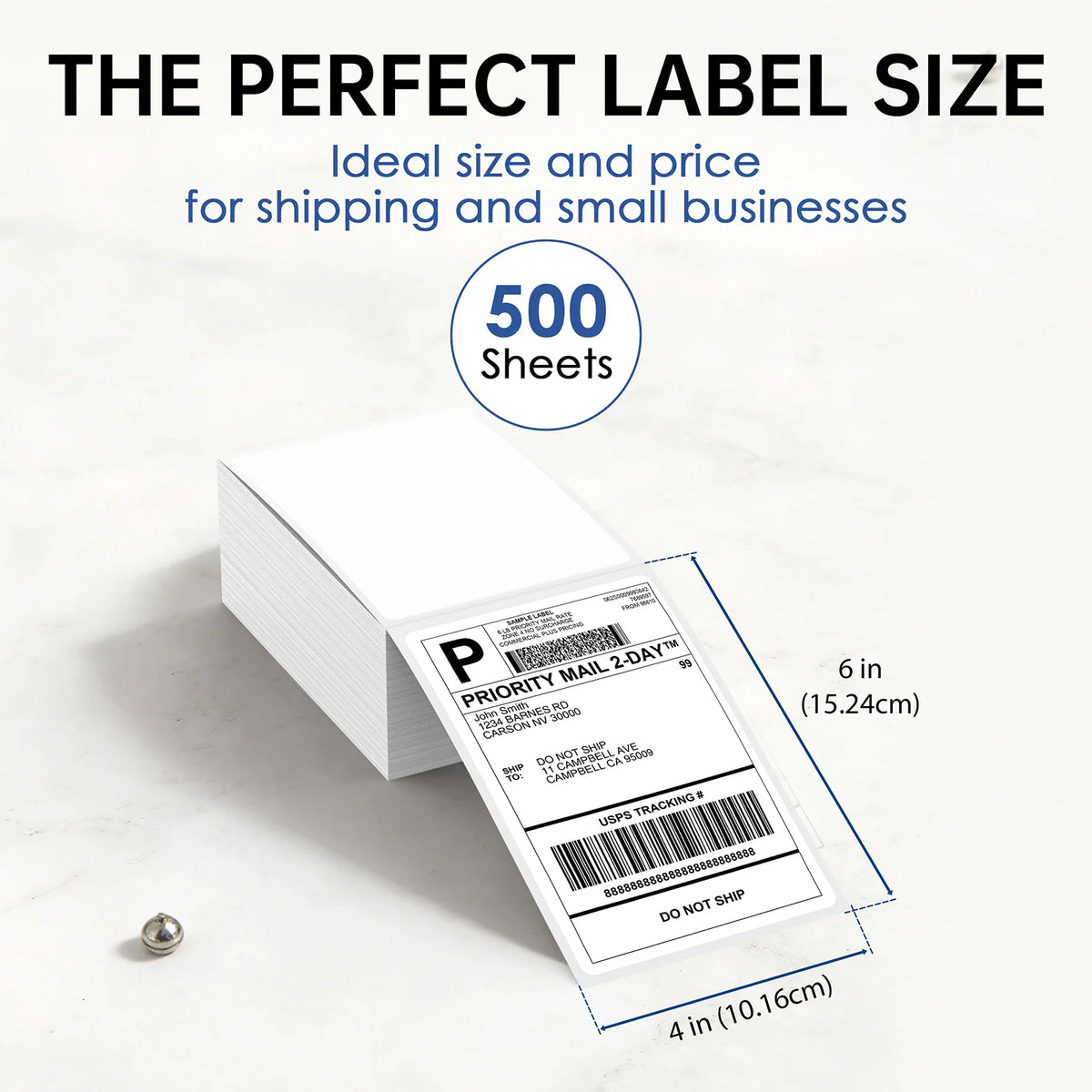 Stack of white rectangular thermal shipping labels with a sample printed address label and size dimensions.