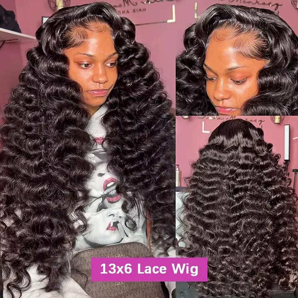 Woman wearing a long deep wave curly human hair lace front wig in multiple angles