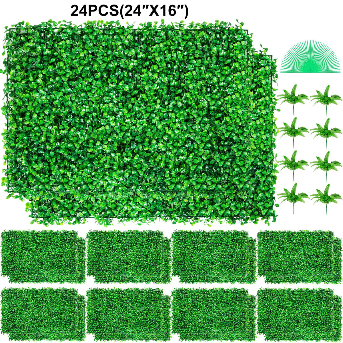 A set of green artificial boxwood hedge panels including zip ties and extra faux stems