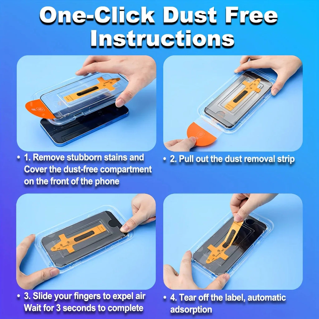 Four step installation instructions for smartphone dust-free screen protector
