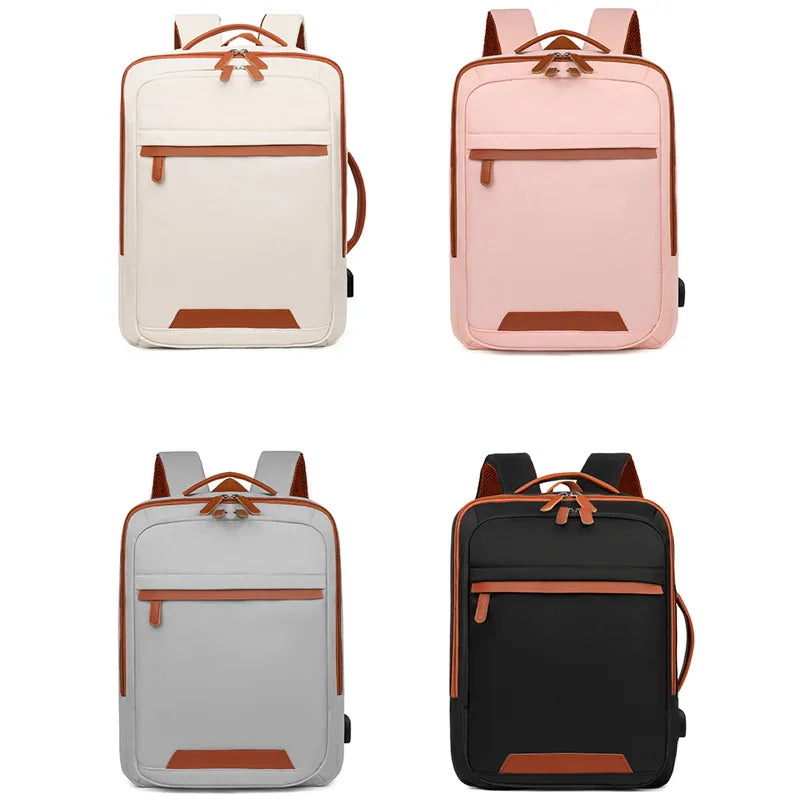 Backpacks in beige, pink, light grey, and black colors