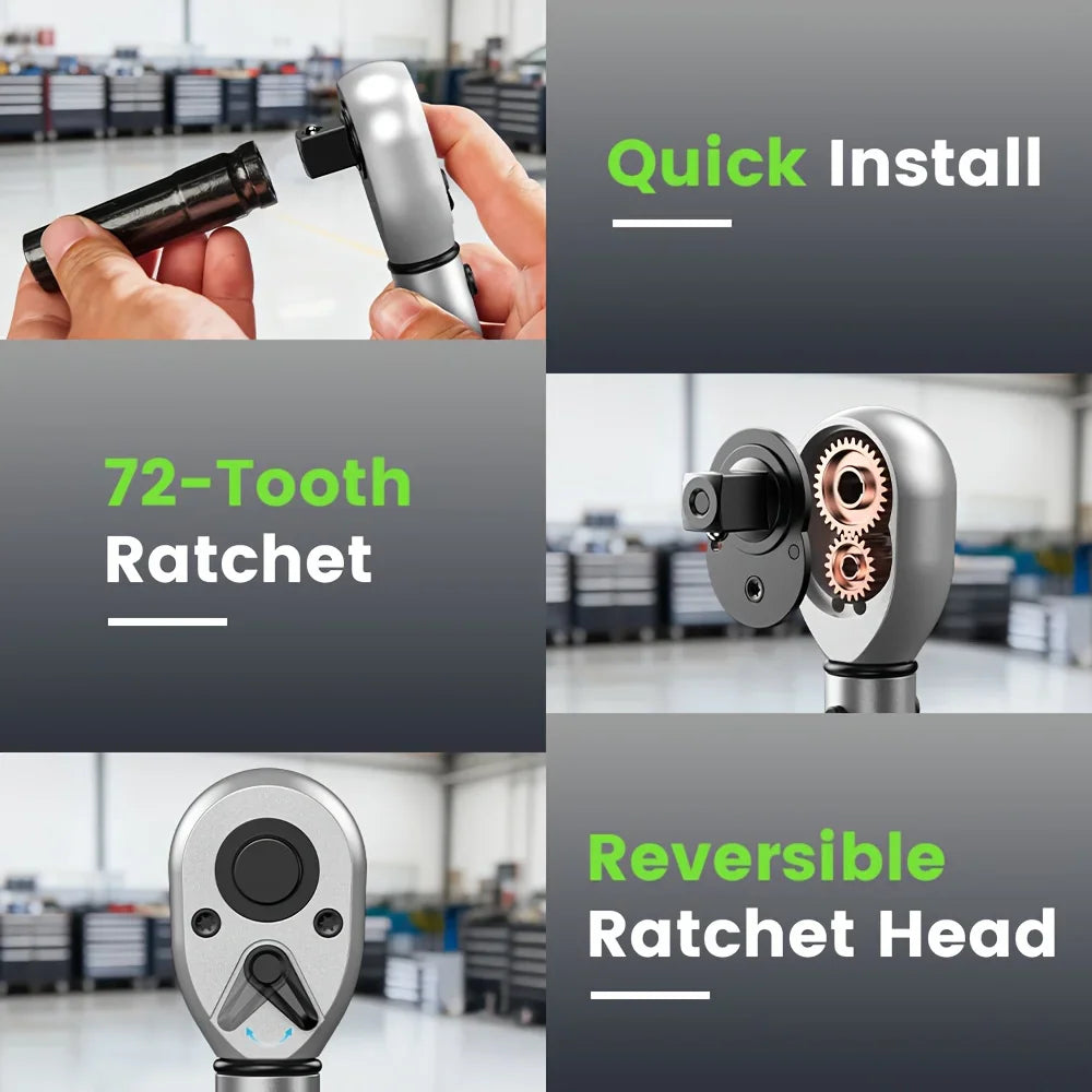 Close-up diagrams showing the quick release, ratchet mechanism, and reversible head of a torque wrench.