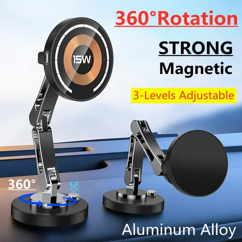 Magnetic folding phone holder mount for car dashboard, black alloy construction