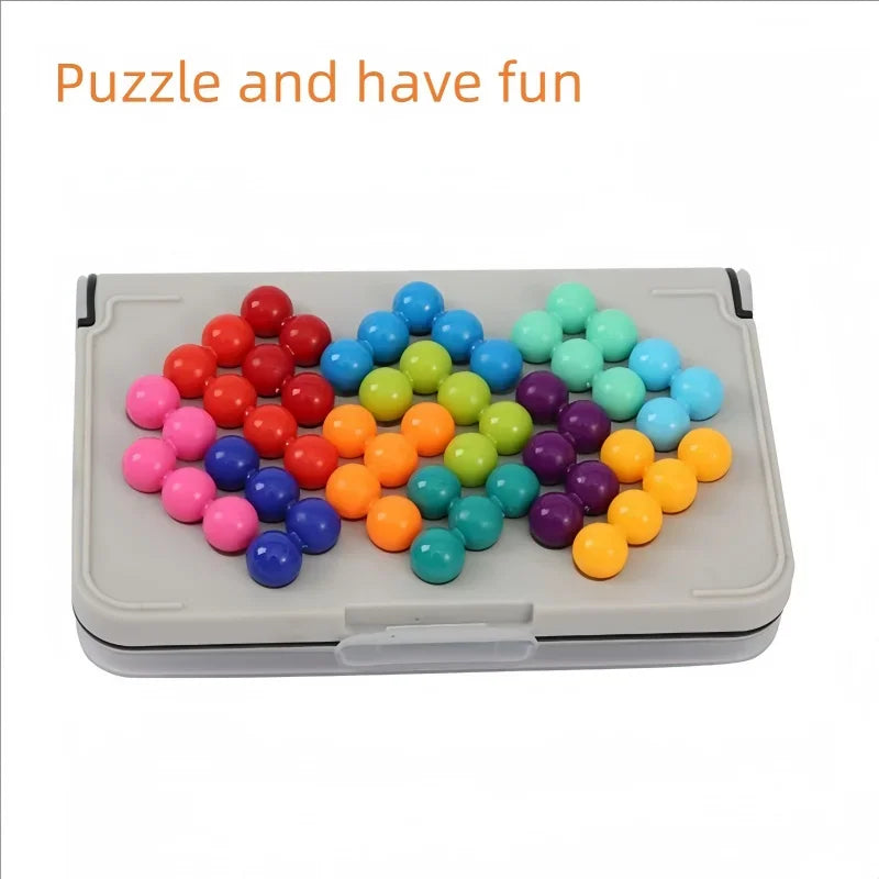 Colorful 3D puzzle game arranged on a grey storage box base