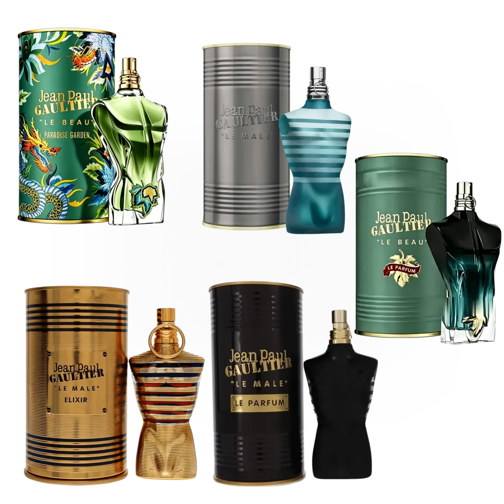 Collection of men's cologne bottles and their metal cylindrical tins