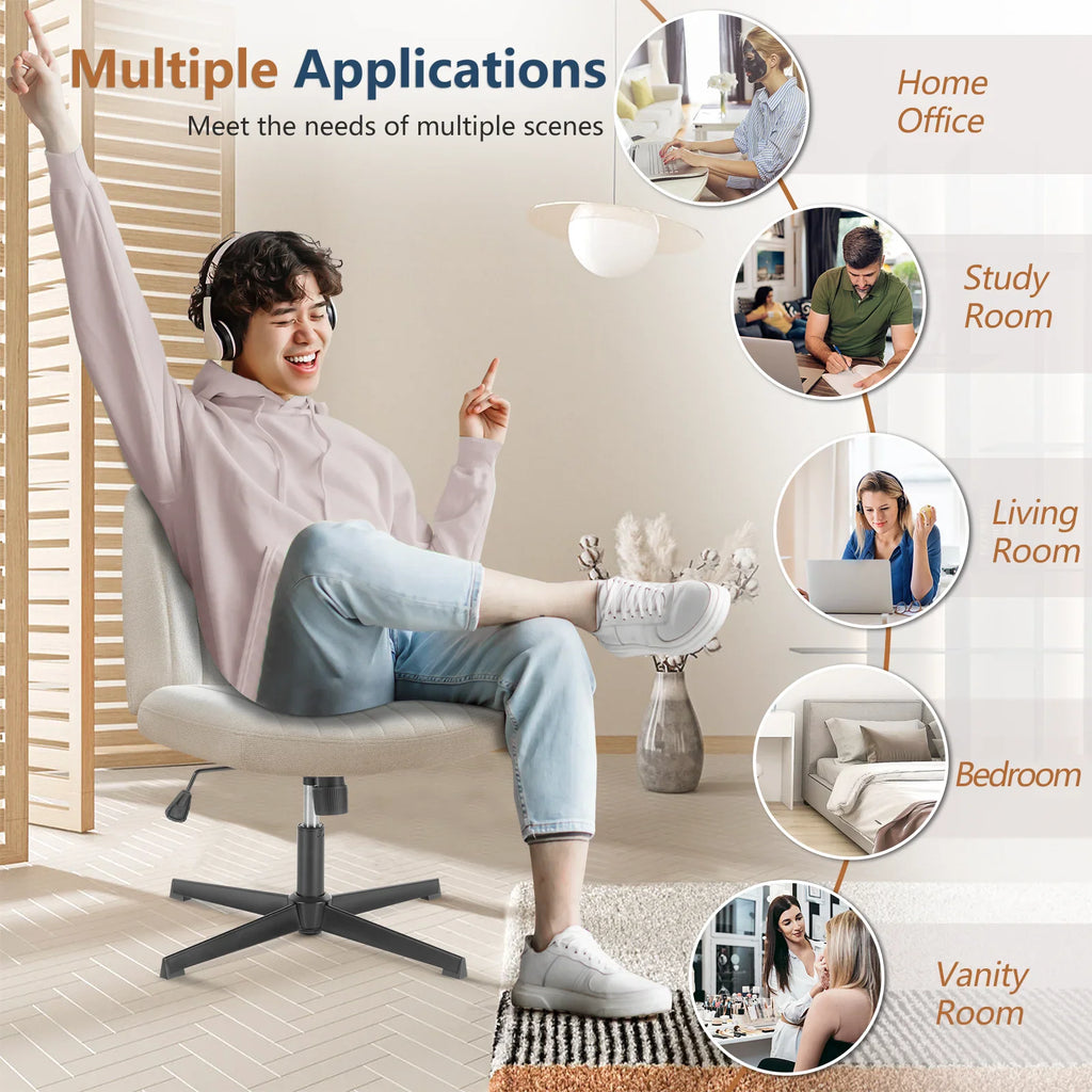 Armless swivel desk chair shown in home office, study, living room, bedroom, and vanity room settings