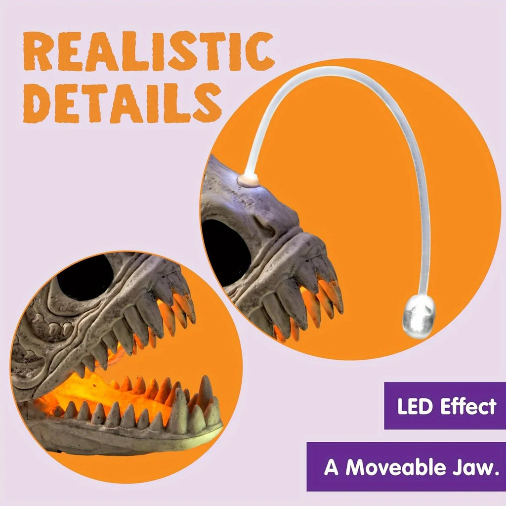 Close-up details of skeleton fish lantern with moving jaw and LED effect
