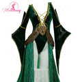 Green velvet deep v-neck bodysuit with brown sash and golden leaf embellishments