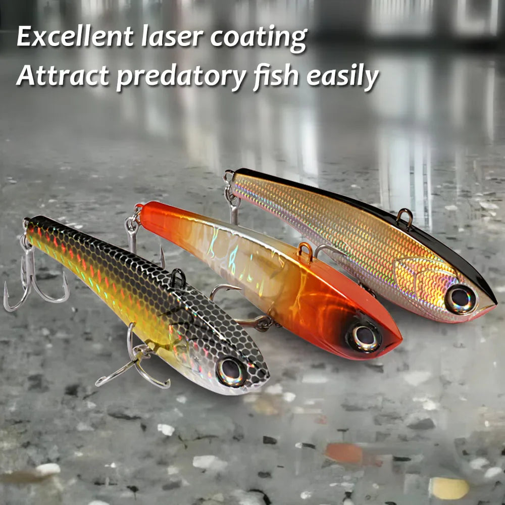 Three metallic fishing lures shown on a reflective surface