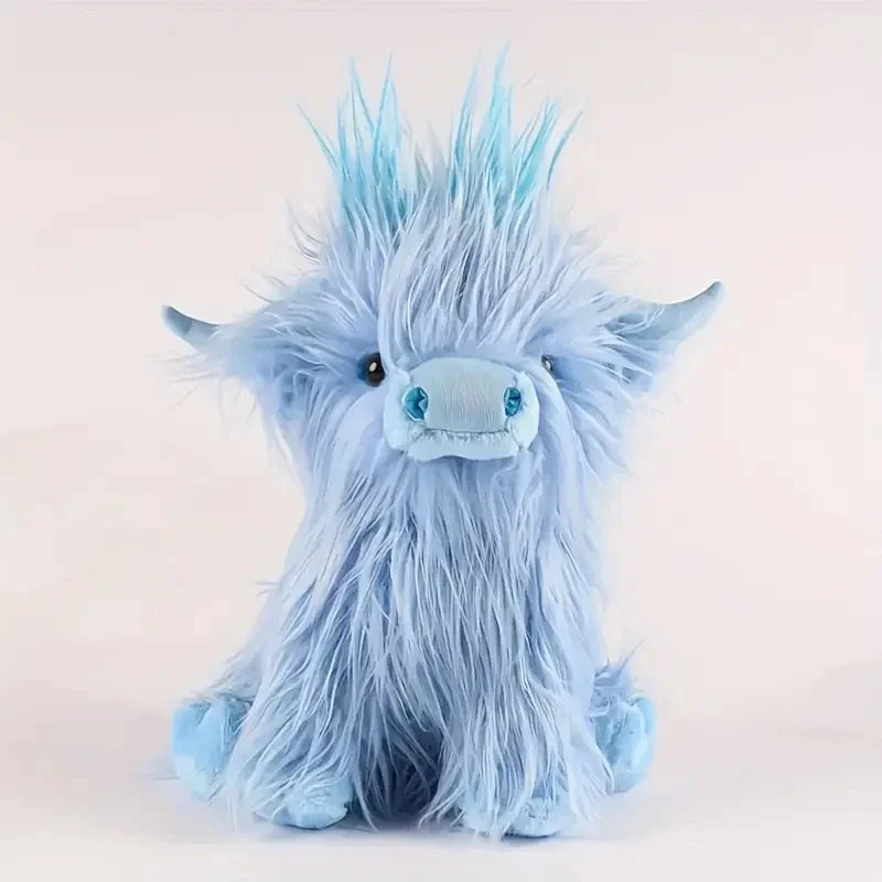 Light blue Highland cow plush doll with soft fur and horns