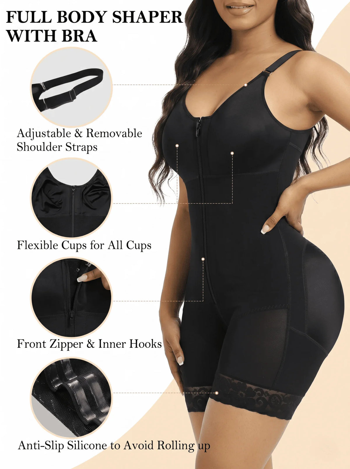 Black full body shaper bodysuit features guide with close-ups of straps, zipper and leg hem