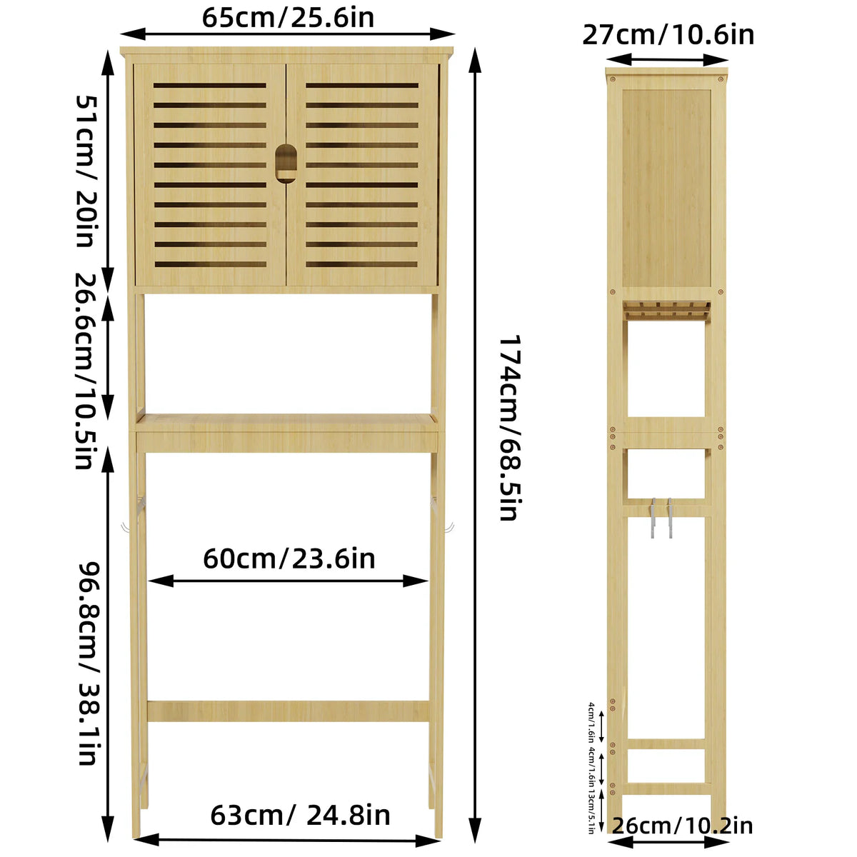 Technical line drawing showing the dimensions and measurements of the bamboo over-the-toilet cabinet.