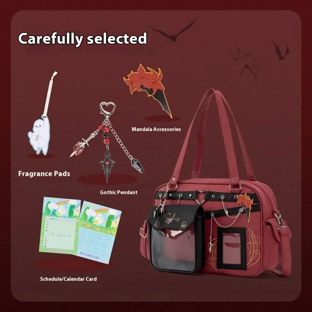 Red and black gothic ita bag with display accessories.