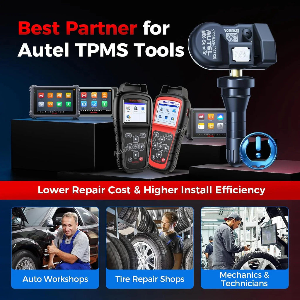 Tire pressure monitoring sensor displayed alongside diagnostic tools and shop work scenes