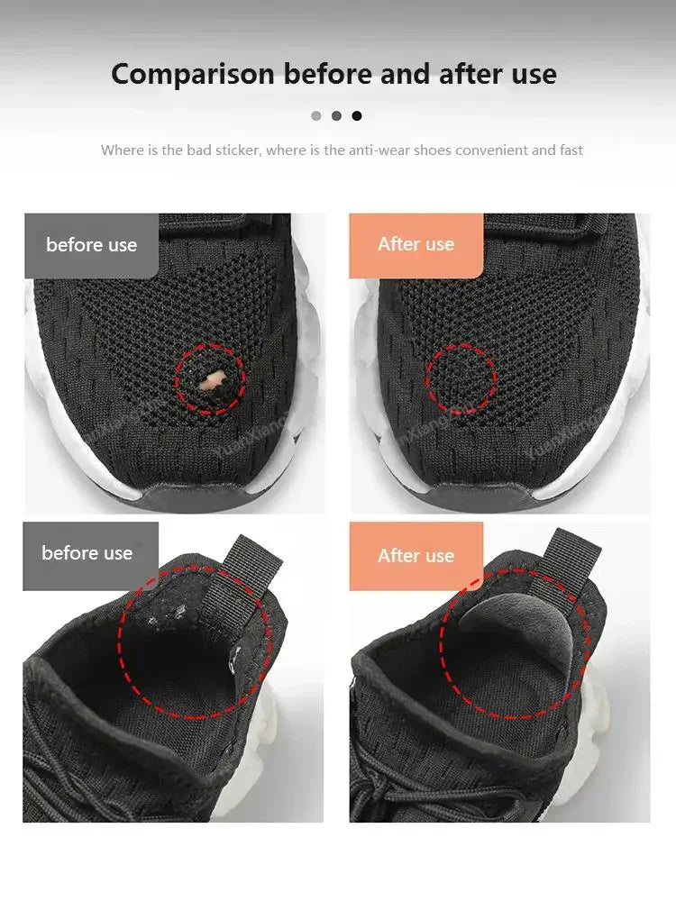 Before and after comparison of a repaired shoe toe hole and heel interior