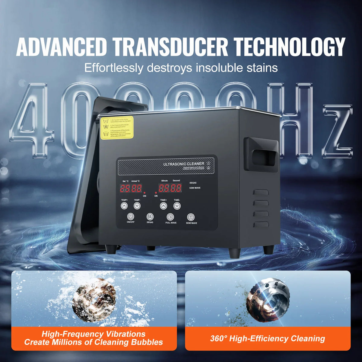 Ultrasonic cleaner machine with bubbles and cleaning process diagrams.