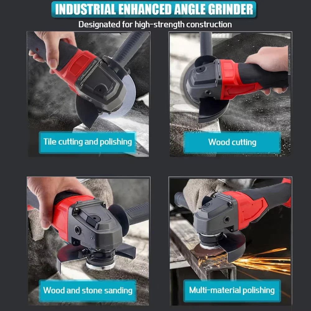 Handheld cordless angle grinder performing tile, wood, and stone cutting and polishing