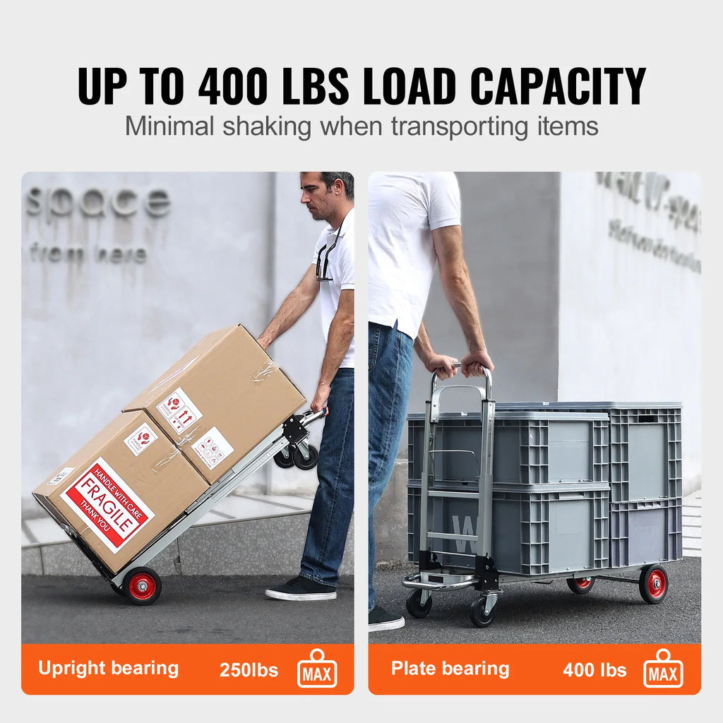 Man using a folding hand truck to transport boxes with load capacity information