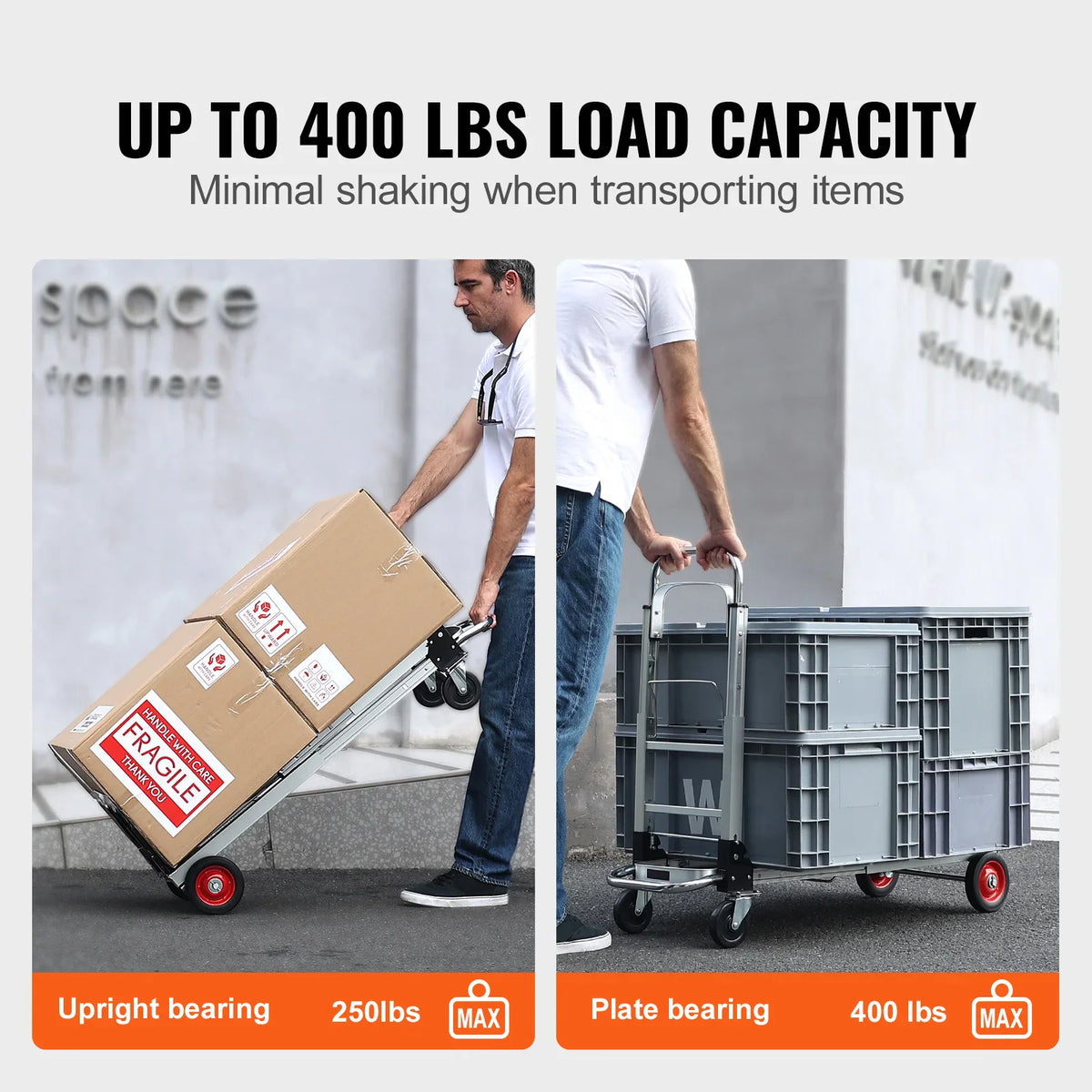 Man using a folding hand truck to transport boxes with load capacity information