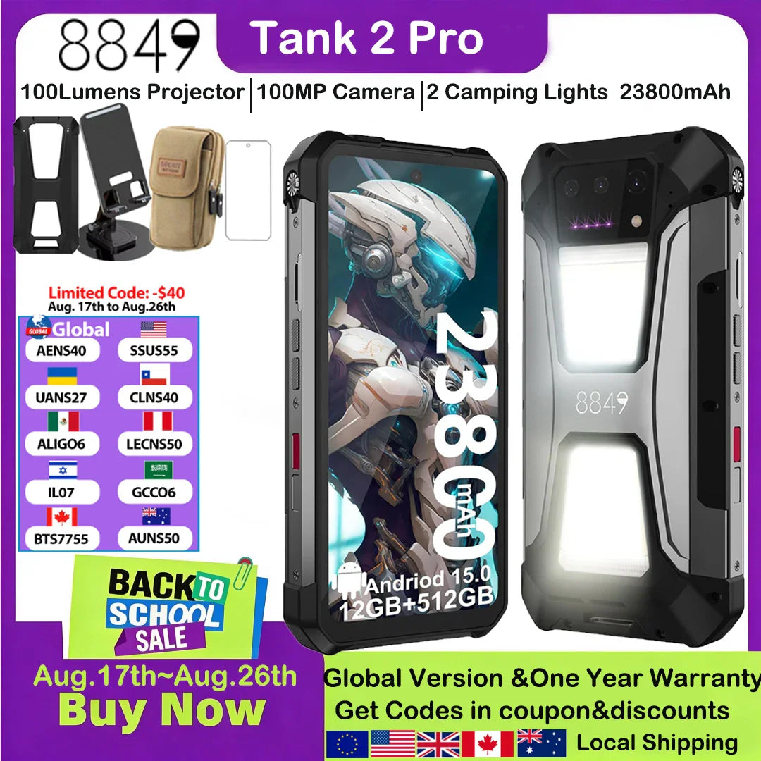 Rugged smartphone with integrated projector, back lights and accessories