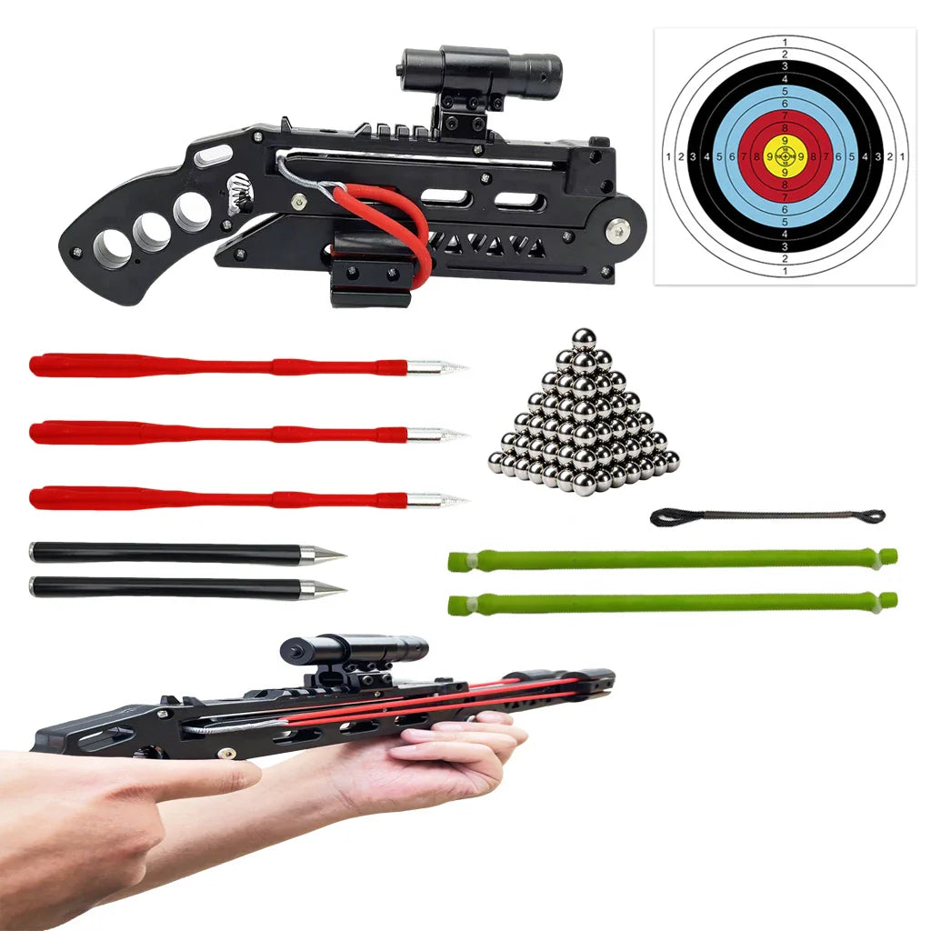 Slingshot kit including foldable slingshot, steel ball bearings, arrows, and paper target