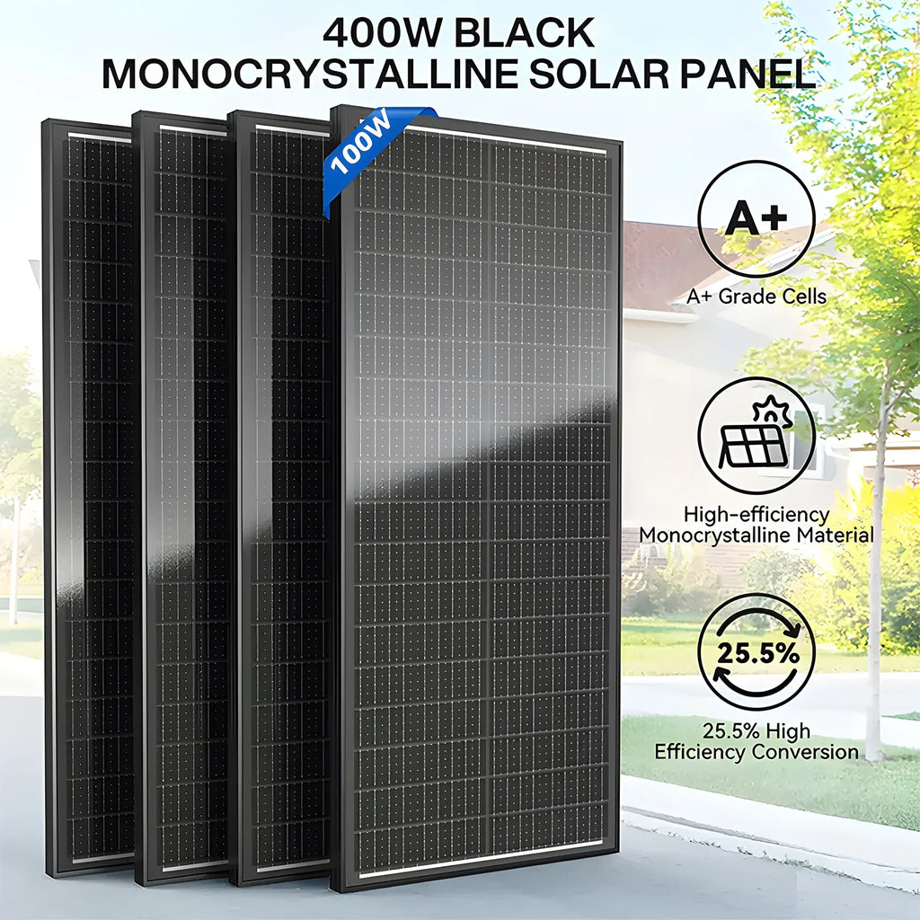 A set of four black 400W monocrystalline solar panels with technical specifications