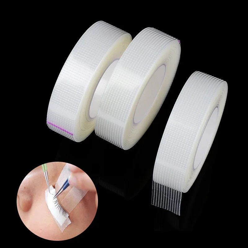 Micropore tape rolls for eyelash extensions shown with close up of application under eye