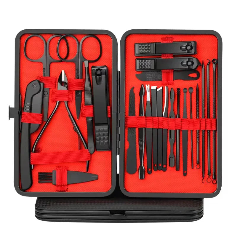 A complete set of black professional-grade manicure and pedicure tools neatly organized in a red and black case.