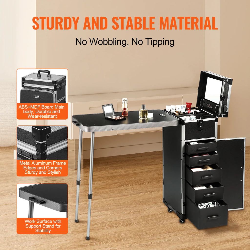 Black rolling makeup case with extendable table and drawers showing material and structure details