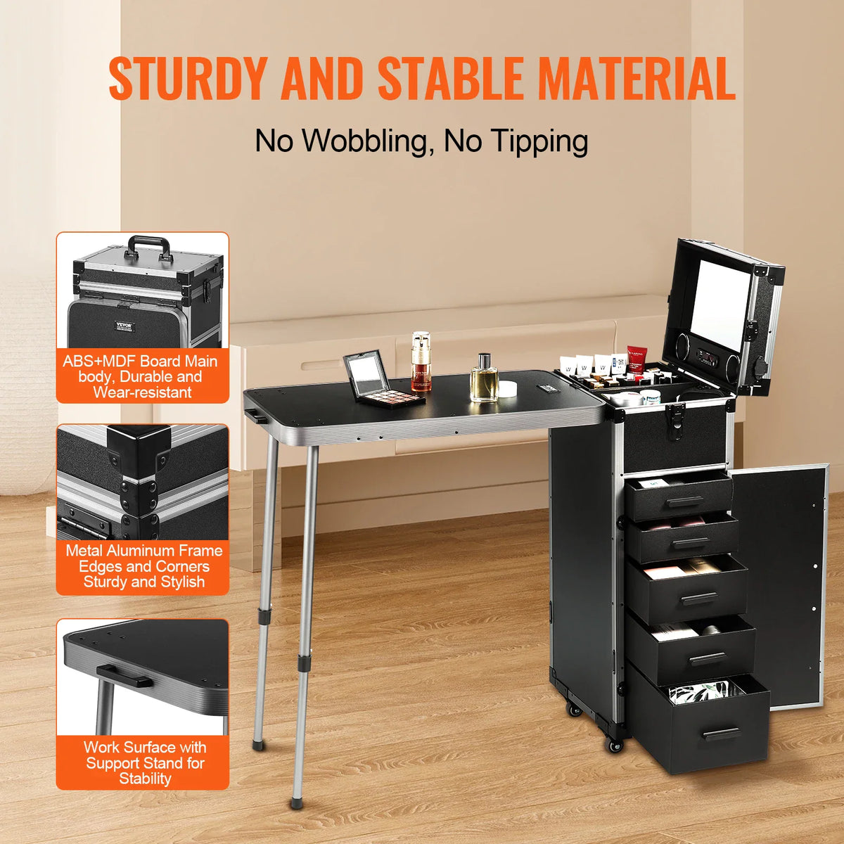 Black rolling makeup case with extendable table and drawers showing material and structure details