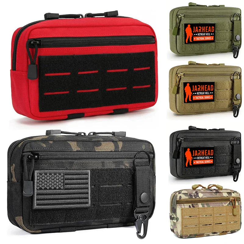 A collection of tactical EDC utility pouches in various colors and camouflage patterns.