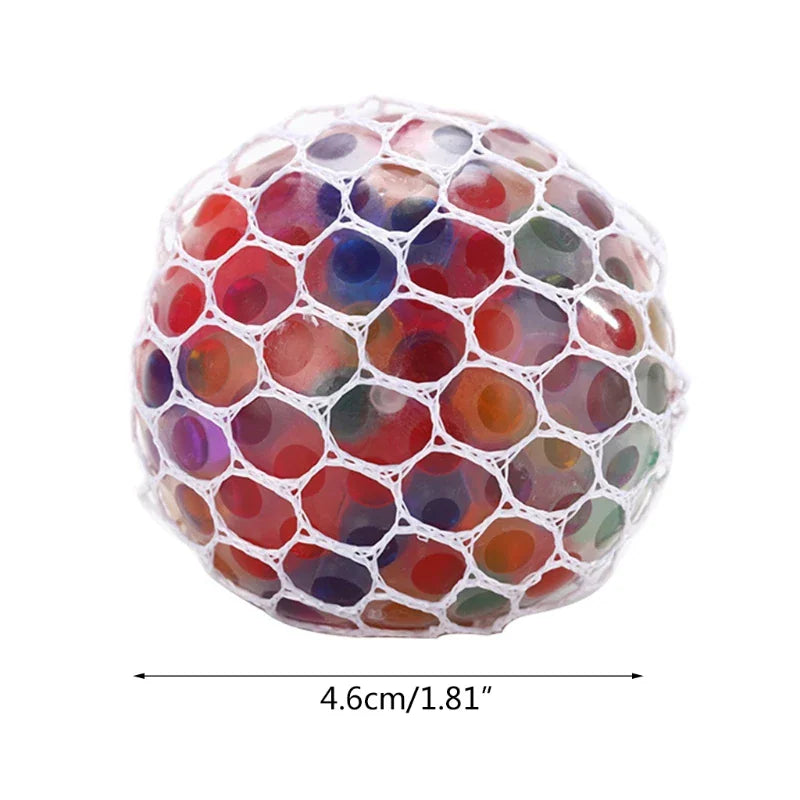 Multi-coloured water bead stress ball showing dimensions in cm and inches