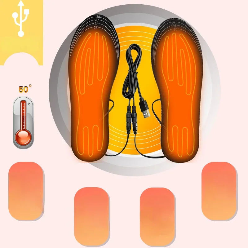 A pair of black USB heated shoe insoles with visible connecting cables