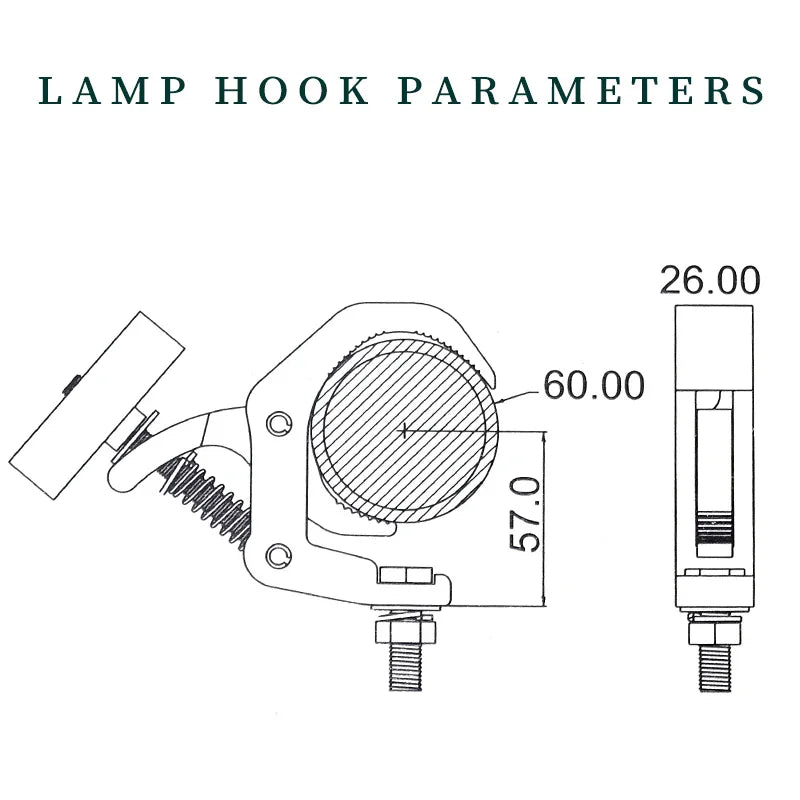 Technical diagram showing dimensions of metal stage light clamp