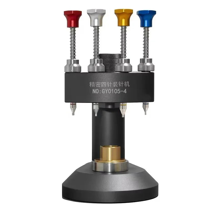 Watch hand installer tool with colored pins on a dark base